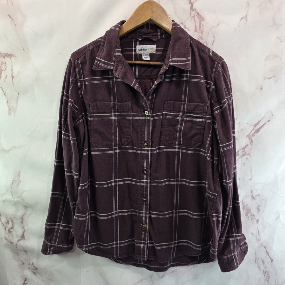 Carhartt Shirt Womens Medium Long Red Sleeve Flannel Button Up Plaid Burgundy